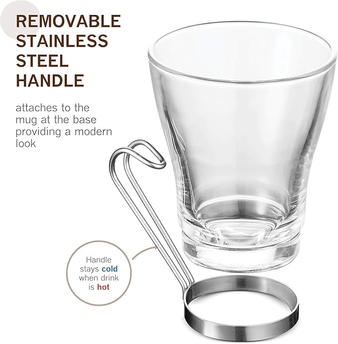Bormioli Rocco Oslo 7.5 oz. Cappuccino Tempered Glass Cup with Removable Stainless Steel Handle for Coffee, Tea, Lattes, and Hot Drinks, Set of 4