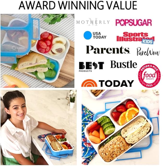 Bento Lunch Box Kids & Adults, Lunch and Snack Containers for Boys & Girls with 3 Compartments - School, Work Daycare, Meal Planning Portion Control Container, BPA-Free Boxes, Utensils, Blue 1 pack