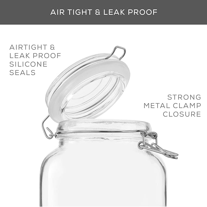 Airtight Glass Jars with Lids Set of 3. 50oz Glass Jar with Lid and 6 Silicone Seals! Med Glass Food Storage Containers. Square Mason Jar, Flour Jar, Candy or Cookie Jars for Kitchen Counter
