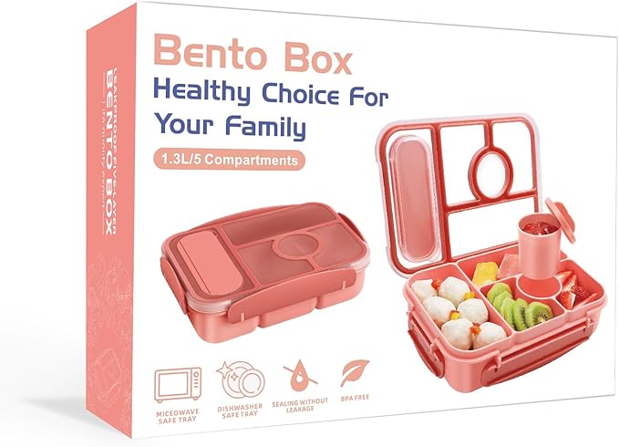 Bento Box Adult Lunch Box Kids,Lunch Containers for Adults/Kids/Toddler,5 Compartments Bento Lunch Box with Sauce Vontainers,Microwave & Dishwasher & Freezer Safe,BPA-Free(Pink)
