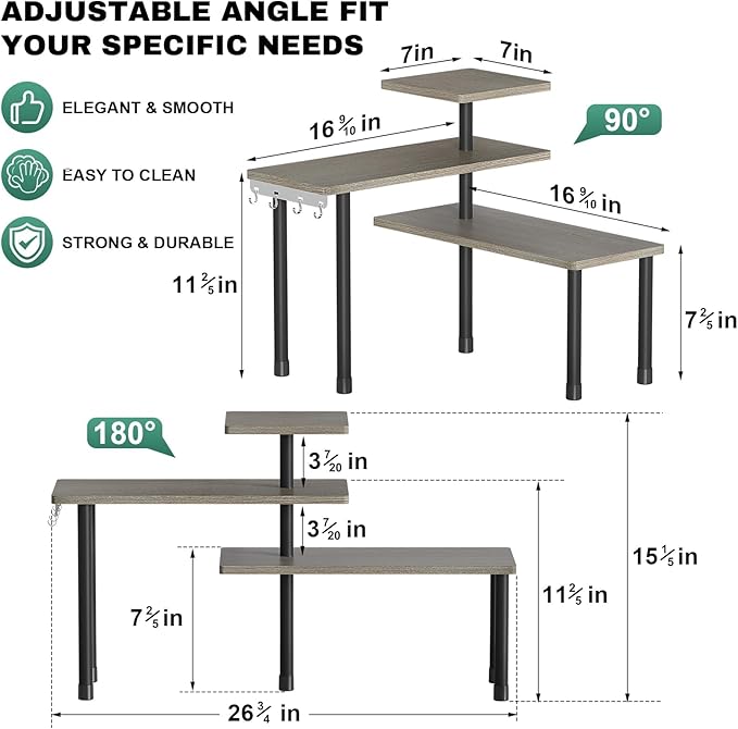 ZHWS Kitchen Countertop Organizer, Bathroom Counter Organizer, Adjustable 3 Tier Corner Shelf with 4 Metal Hooks for Counter Organize, Spice Rack, Makeups, Coffee Station Bookshelf (Rustic Grey)