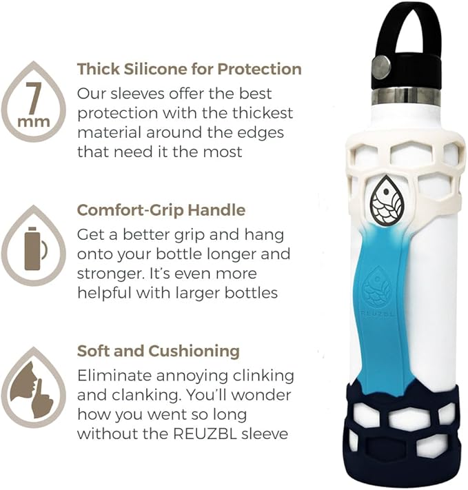 REUZBL Silicone Boot Sleeve Protector with Handle – Compatible with Hydro Flask 40oz, 32oz, 24oz, 21oz – Protective Bottle Bumper for Stainless Steel Water Bottles