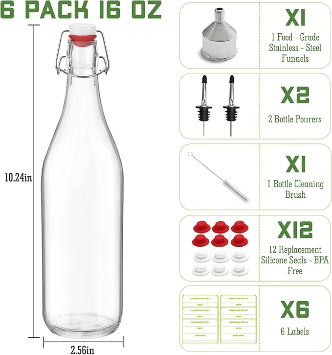 6 Pack [0.48 Liter / 16 fl. oz.] Swing Top Glass Bottles – Airtight Flip Top Brewing Bottles for Kombucha, Beer, Wine, Kefir, Soda, Liquor – Includes Funnel, 2 Pourers, 6 Seals, 8 Labels & Jute Twine