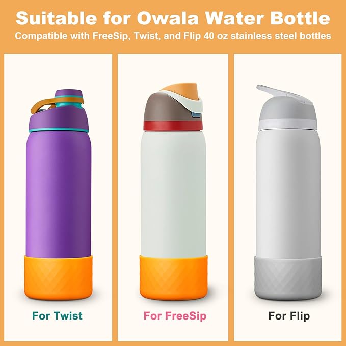 2PCS Silicone Water Bottle Boot for Owala 40oz, Protective Bottom Bumper Anti-Slip Sleeve for FreeSip, Twist, and Flip Stainless Steel Bottles, Dishwasher Safe and BPA Free