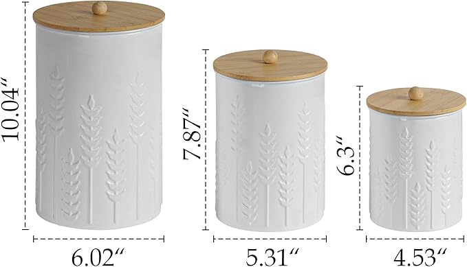 Kitchen Canister Set of 3 Tea Coffee Sugar Containers with Airtight Bamboo Lids Food Flour Storage for Countertop Metal White Ear of Wheat Pattern Embossed Farmhouse Decor