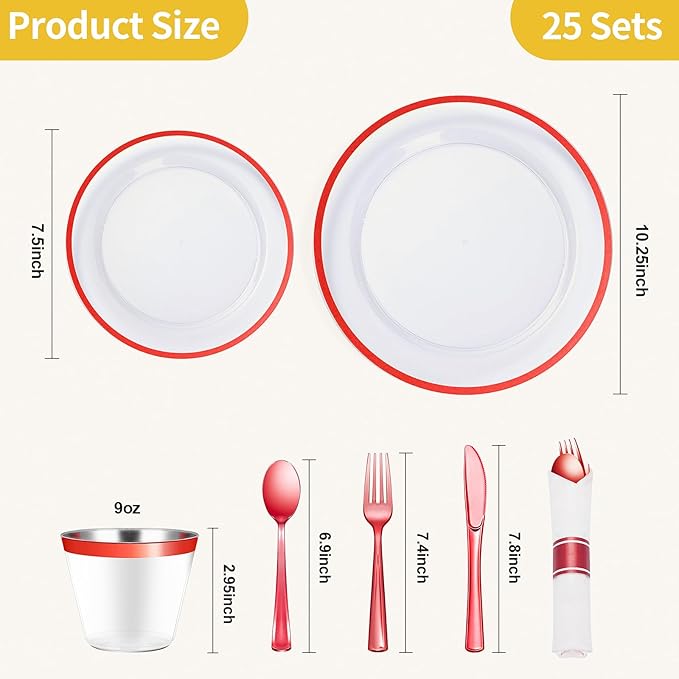 Goodluck 175 Piece Red Plastic Dinnerware Set for Party, Clear Disposable Plates for 25 Guests, Include: 25 Dinner Plastic Plates, 25 Dessert Plates, 25 Pre Rolled Napkins with Cutlery Set, 25 Cups
