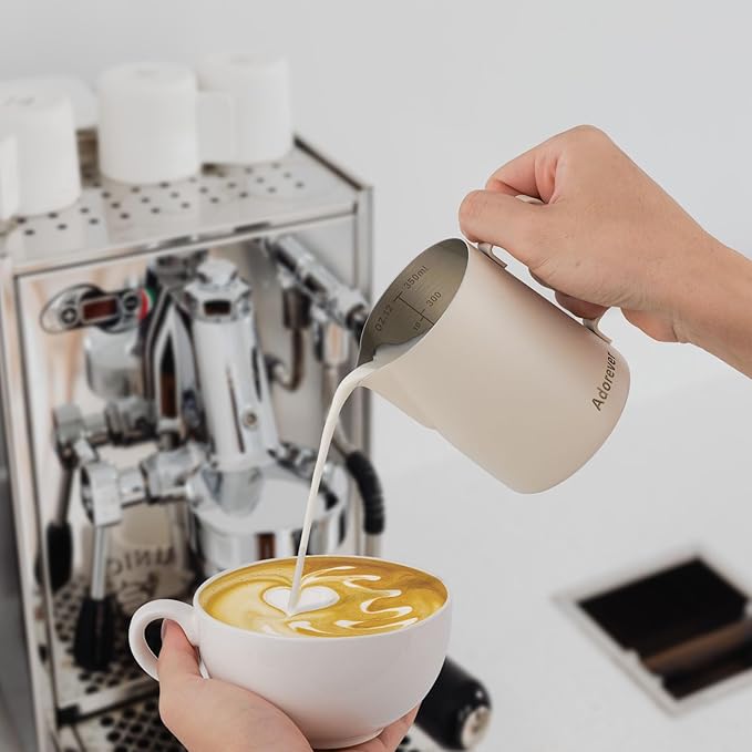 Milk Frothing Pitcher, 350ml/12oz Steaming Pitchers Stainless Steel Milk Coffee Cappuccino Latte Art Barista Steam Pitchers Milk Jug Cup with Decorating Art Pen, Matte White