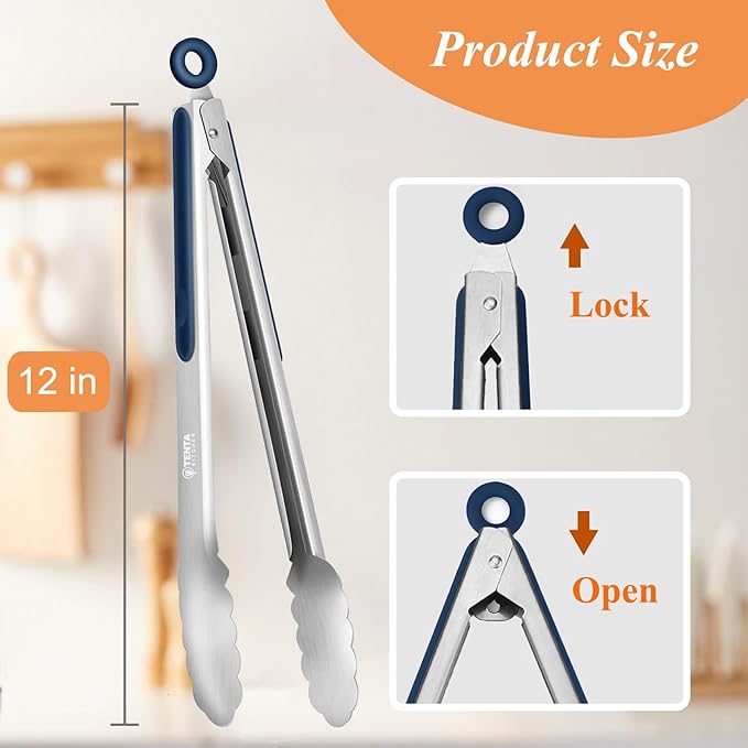 Metal Tongs for Cooking, 12-Inch Stainless Steel Tongs Kitchen Cooking Salad with Silicone Non-Slip Grip, Kitchen Utensils Set for Food, Salad and Outdoor BBQ (Set of 4)