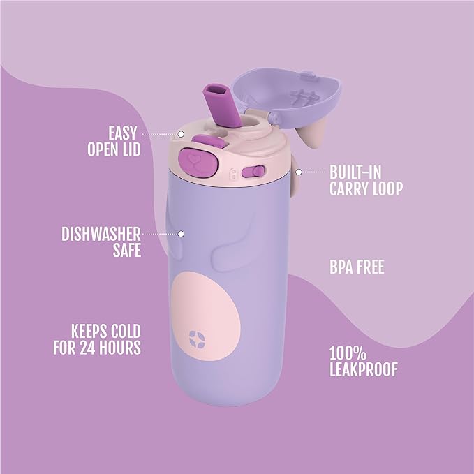 Ello Ellies 12oz Vacuum Insulated Stainless Steel Kids Water Bottle with Straw and Built-in Carrying Handle and Leak-Proof Locking Lid for School Backpack, Lunchbox and Outdoor Sports, Cat