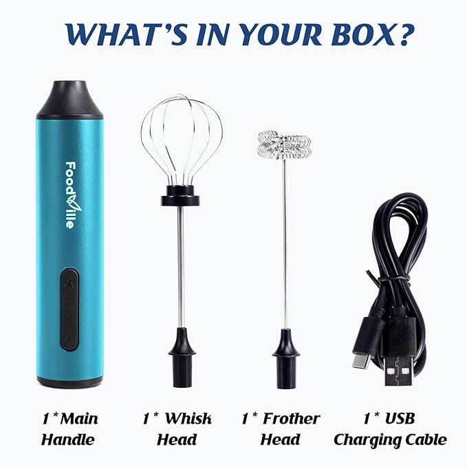 MF05 Rechargeable Milk Frother USB Charging Handheld Foam Maker with Stainless Balloon Whisk for Cappuccino, Latte, Bulletproof Coffee, Keto Diet, Protein Powder, Matcha (Azure Blue)