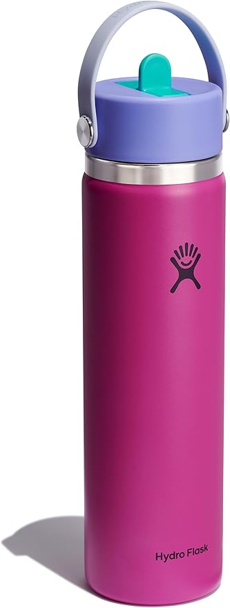 Hydro Flask Water Bottle - Insulated Stainless Steel - Wide Mouth Flex Straw Lid, Non Spill, Leakproof and Refillable in 24 Oz Holiday Punch