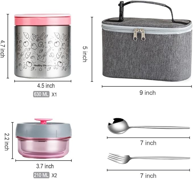 Lille Home Portable Insulated Lunch Box Set with Stainless Steel Cutlery, vacuum lunch box, to Keep Food Warm or Cool, Two Containers for Fruits and Sauces, Durable and Leak-Proof(Pink)