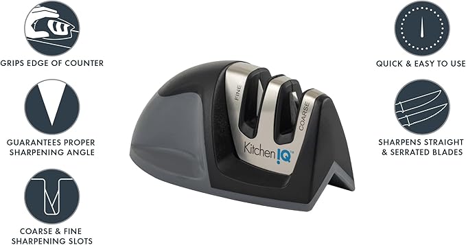 KitchenIQ 50009 Edge Grip 2-Stage Knife Sharpener, Black, Coarse & Fine Sharpeners, Compact for Easy Storage, Stable Non-Slip Base, Soft Grip Rubber Handle, Straight & Serrated Knives