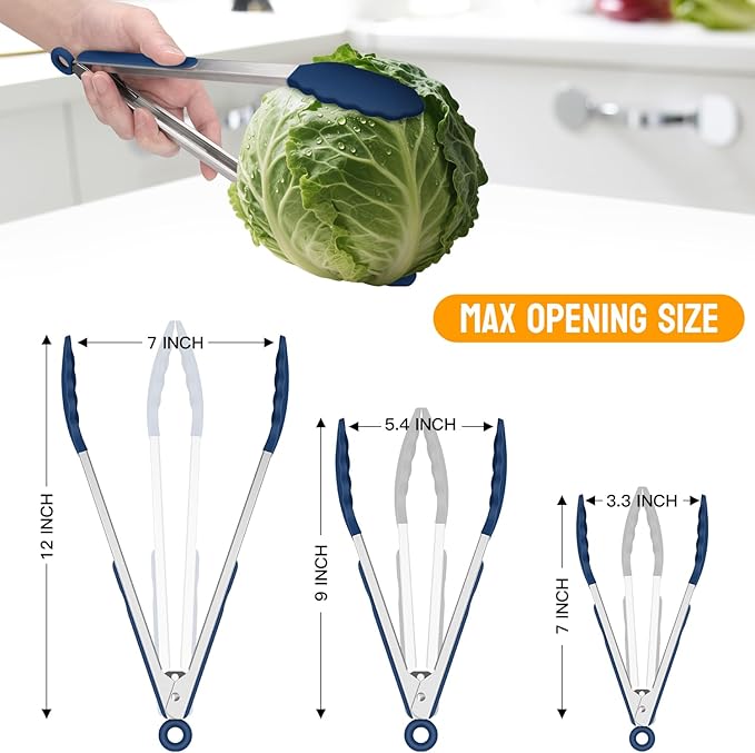 HOTEC Premium Stainless Steel Locking Kitchen Tongs with Silicon Tips, Set of 3-7", 9" and 12" (Classic Blue)