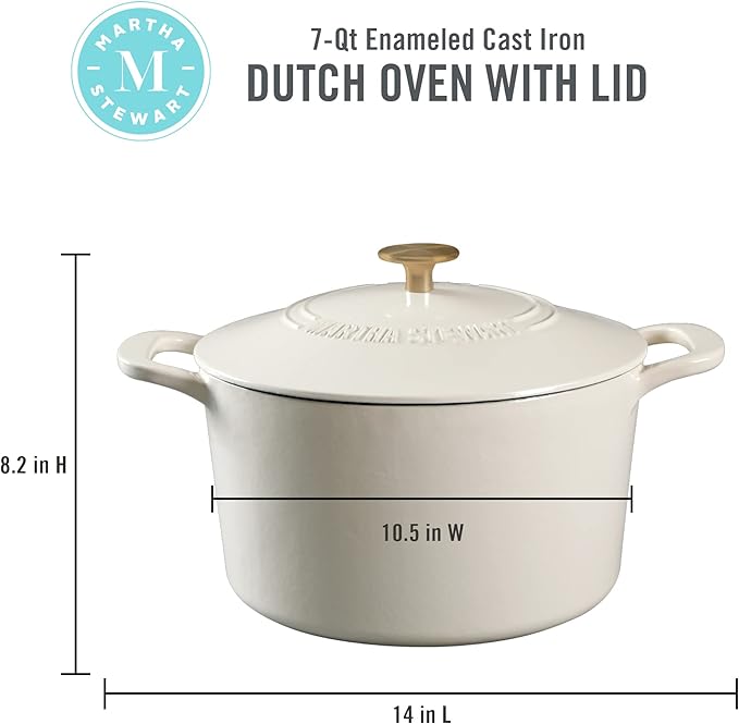 MARTHA STEWART Gatwick 7-Quart Enamel Cast Iron Dutch Oven – Martha Blue – Heavy-Duty Dutch Oven for Slow Cooking, Braising & Baking