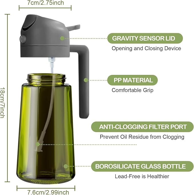YARRAMATE 16oz/470ml Dark Green Oil Sprayer for Cooking with Stickers, Food-grade Premium 2 in 1 Olive Oil Dispenser Bottle for Kitchen Gadgets, Air Fryer, Salad, Frying, BBQ (Grey)