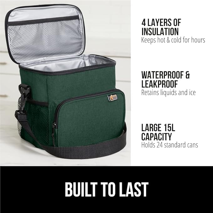 GORILLA GRIP Reusable Insulated Lunch Box Bag for Women Men, 15L, Leakproof Soft Cooler Bags, Multiple Compartments, Mesh Pockets and Adjustable Strap, Food Tote Keeps Drinks Cold, 13x9, Hunter Green