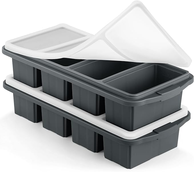 Silicone Freezer Tray With Lid - Silicone Freezer Food Molds- Large Ice Cube Tray,Silicone Freezer Container,Freeze & Store Soup, Sauce, Broth,Leftovers - Makes 4 Perfect 1 Cup