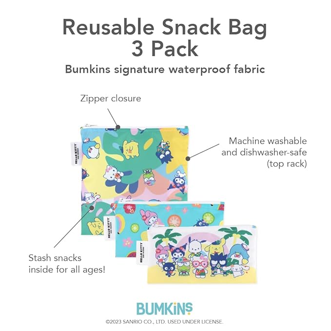Bumkins - Cloth Snack & Sandwich Bags - For Storage, Travel, Food Prep, Lunch - Reusable, Water Resistant, Washable, Dishwasher Safe - Snack Bags for Kids - Zipper Closure - Hello Kitty - 3 Pack