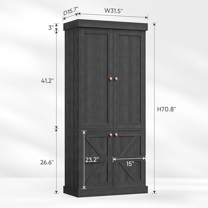 70.8" Tall Bookshelf with Doors, Farmhouse Modular Bookcase with 4-Tier Adjustable Shelves, Large Storage Cabinet for Home Office, Living Room, Black