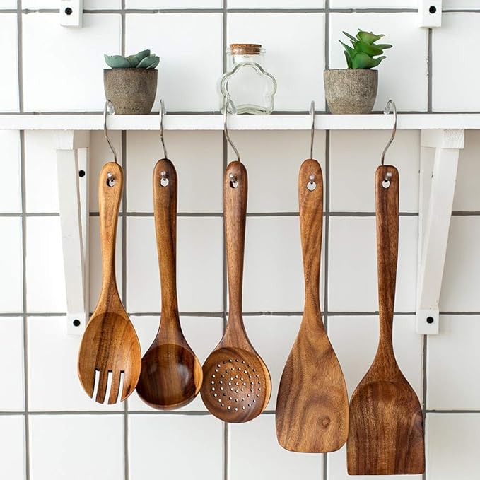 Wood Kitchen Utensils Set, 5 PCs Natural Acacia Wooden Spoons For Cooking for Non-stick Skillet, Utensil set For Cooking With Soup Ladle and Wok Spatulas, Salad fork, Spurtles for Cooking