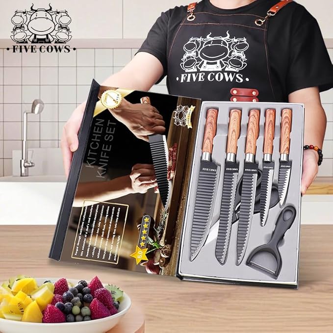 7-Piece Ultra Sharp Chef Knife Set - Premium German High Carbon Stainless Steel, Ergonomic Wood Pattern Handle, Professional Kitchen Knives with Gift Box (Brown 7 Piece)