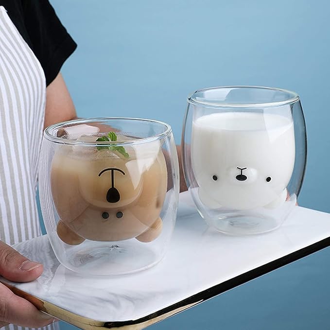 Cute Mugs Double Wall Glass Coffee Glass Cup Kawaii Bear Tea Milk Cup Funny Mug Animal Mug Aesthetic Cup for Office and Personal Birthday Gift (Happy bear)