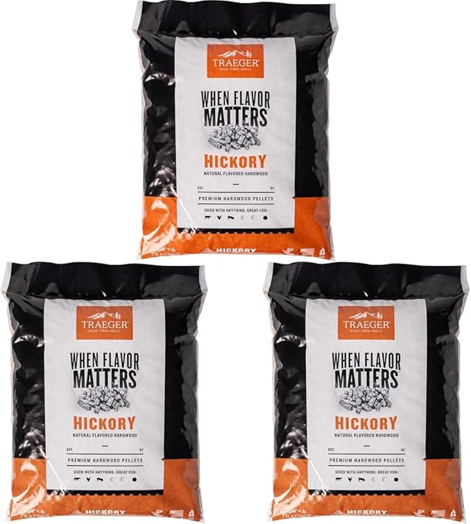 Traeger Grills Hickory 100% All-Natural Wood Pellets for Smokers and Pellet Grills, BBQ, Bake, Roast, 18 lb. Bag (Pack of 3)