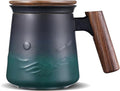 ZENS Embossed Ceramic Tea Mug with Infuser and Lid, 14.5 oz Wooden Handle, Loose Leaf Tea Steeper Mugs & Strainer for Tea Lovers Gifts