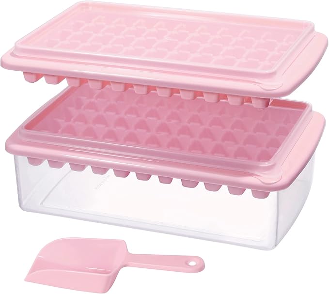 2 Pack Ice Cube Tray with Lid and Bin for Freezer, Easy Release 55 Nugget Ice Tray with Cover, Storage Container, Scoop. Perfect Small Ice Cube Maker Tray & Mold. Flexable Durable Plastic, BPA Free