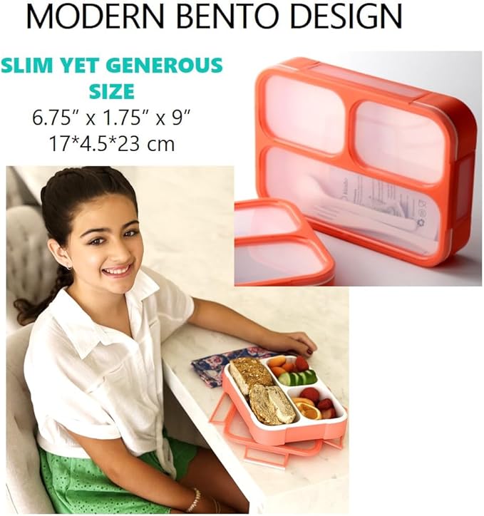 Bento Box Adult Lunch Box | Lunch Boxes For Adults Kids Women | 3 Compartments |Portion Control Meal Snack Container For Big Kids Teens Work School | Leakproof Divided Containers | Coral - Orange
