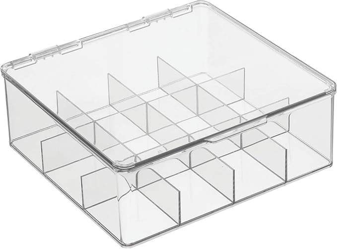 mDesign Plastic Kitchen Organiser — Practical Storage Box with 12 Compartments and Hinged Lid — Pantry Storage Box with Lid for Tea, Coffee, Spices and Other Foodstuffs — Clear