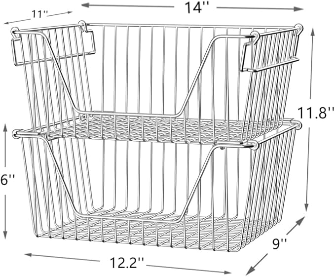 SANNO 14" Stackable Baskets Pantry Bins Storage Baskets Metal Wire Basket, Storage Organizer Basket Open Front for Kitchen Cabinets, Pantry, Closets, Bedrooms, Bathrooms 3 Pack