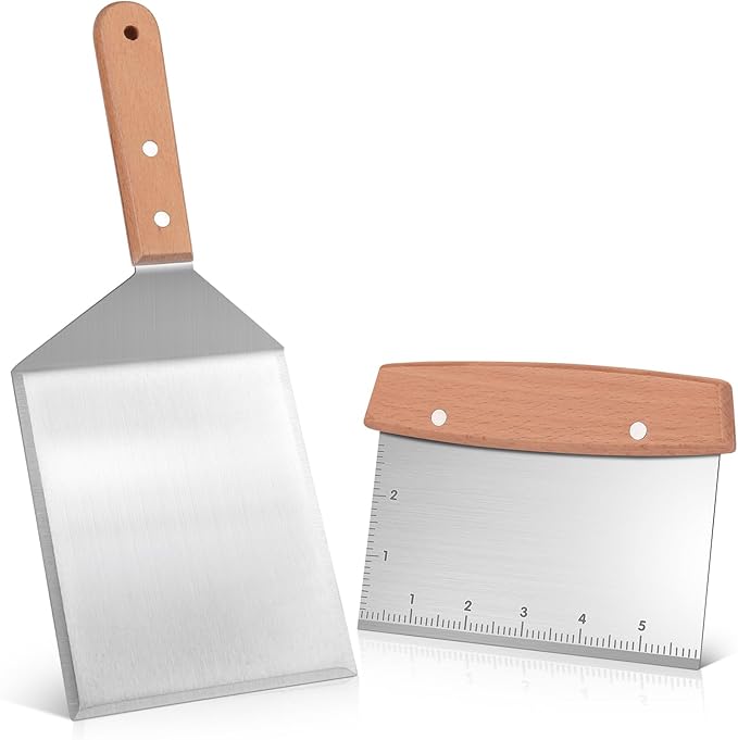Griddle Scraper for Blackstone, Heavy Duty Stainless Steel Grill Scraper,Dough Scraper Cutter for Bread and Pizza Cutter, Griddle Scraper Chopper Multipurpose Kitchen Utensil (Spatula and Scraper)