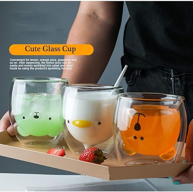 Duck Mug Cute Mugs Glass Double Wall Insulated Glass Espresso Cup, Coffee Cup, Tea Cup, Milk Cup,Kawaii Gift for Office and Personal Birthday Christmas (Duck)