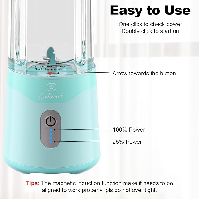 COKUNST 18oz Portable Blender, USB Rechargeable Personal Size Blenders, Smoothie Blender with 6 Blades for Protein & Shakes, Mini juicer with Extra Handle Lid for Travel Sports Outgoing