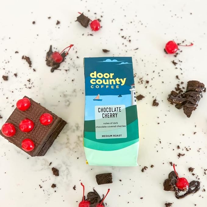 Door County Coffee Chocolate Cherry Flavored Ground Coffee - 10 oz Bag - Medium Roast - Specialty Arabica - 100% Specialty Grade 1 Arabica Coffee