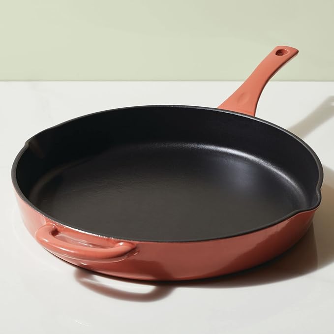 Ayesha Curry Kitchenware Enameled Cast Iron Skillet/Frying Pan with Helper Handle and Pour Spouts, 12 Inch - Redwood Red