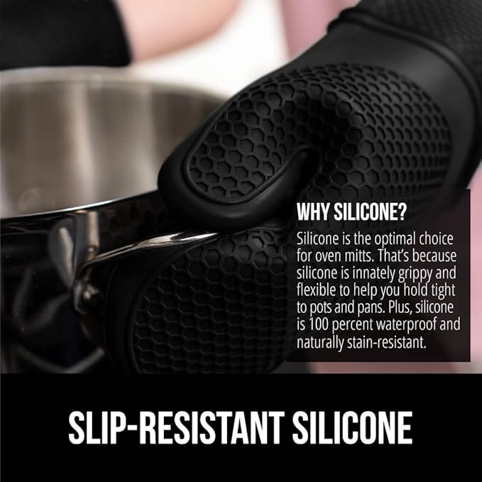 GORILLA GRIP BPA-Free Soft Silicone Oven Mitts, 14.5x8.3, Heat Resistant and Waterproof Cooking Gloves, Thick Cotton Lining, Flexible Gripping for Baking Grilling, Kitchen Potholders Set of 2, Black