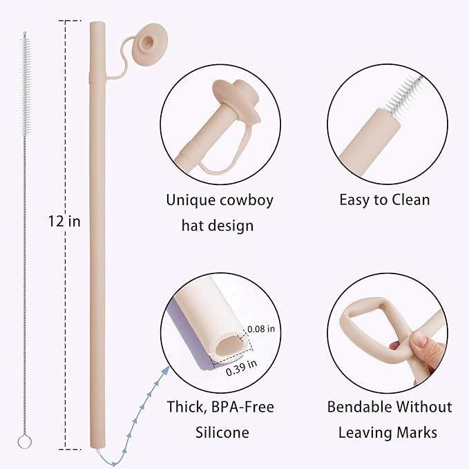 2PCS Reusable Silicone Straws with Cover, Bite-Safe, 12”Long Collapsible Drinking Straws for Stanley Owala Cups, Tumblers & Travel – Trim to Fit Any Cup (Pink)