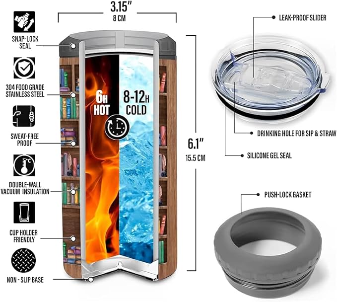 SANDJEST Book Lovers Tumbler Bookshelf 4 in 1 12oz Tumbler Can Cooler Coozie Skinny Stainless Steel Tumbler Gift for Librarian Book Lover Women Readers Bookworm Christmas Holiday Birthday