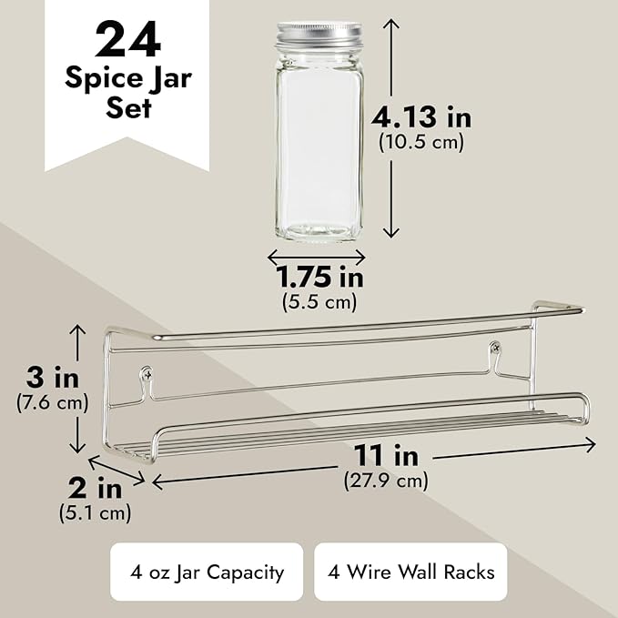 Talented Kitchen Spice Rack Organizer - 4 Stainless Steel Wall-Mounted Racks - 24 4 oz Glass Jars & 269 Preprinted Labels, Chrome - Kitchen & Cabinet Seasoning Organizer for Space Saving Spice Storage