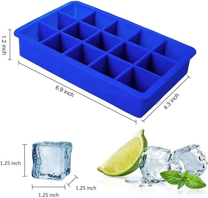 OZERA 2 Pack Silicone Ice Cube Tray, Ice Cube Trays Molds, Large Ice Cube Tray for Whiskey, Easy Release Flexible Ice Cube Molds 15 Ice Cubes for Cocktail, Blue