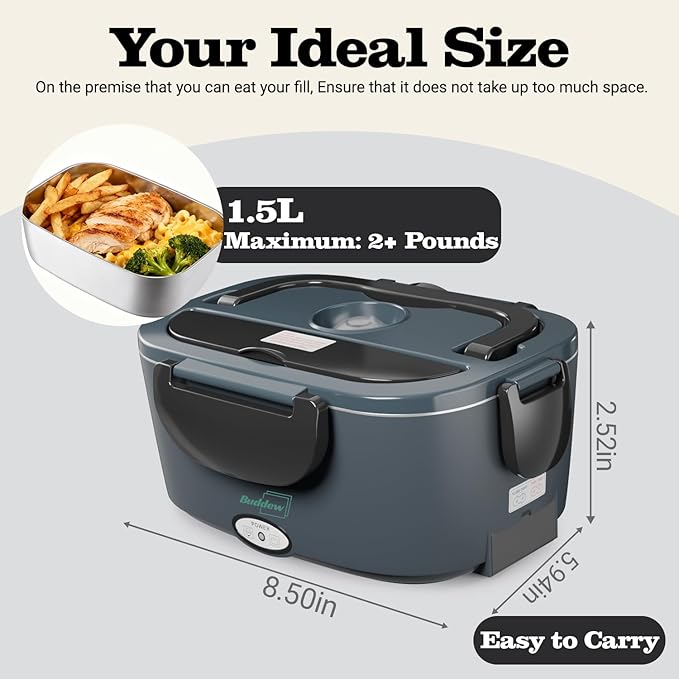 Buddew Electric Heated Lunch Box for Adults - 80W Fast Heating, 1.5L Food-Grade Stainless Steel, 12V/24V/110V Portable Food Warmer for Work Travel Car, Lonchera Electrica Portatil