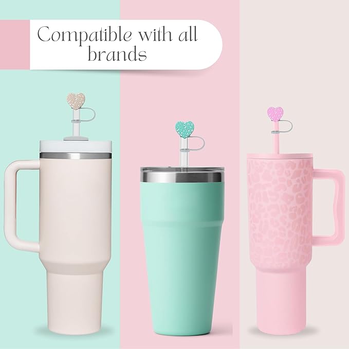 4 PCS Silicone Straw Covers Cap Compatible with Stanley Tumbler, pack of 10mm Cute Heart Straw Toppers for Tumblers Dust-Proof Drinking Straw Caps for Reusable Straws Tips Lids