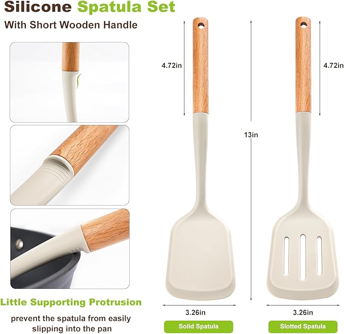 Pack of 2 Silicone Spatula Set with Elegant Wooden Handle, Heat Resistant Solid & Slotted Turner for Non Stick Pans, Great Kitchen Spatulas, Cooking Utensils for Sautéing, Frying and Flipping