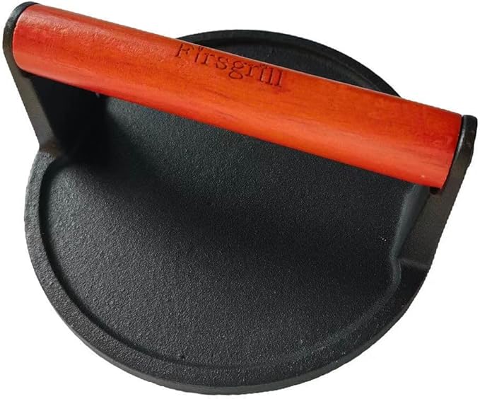 Firsgrill Burger Press 6.6" Round Heavy-Duty Cast Iron Smash Meat Steak with Wood Handle for Blackstone Weber Treager Griddle Grills (YPX) (Flate 6.5" Round)