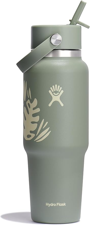 Hydro Flask Travel Water Bottle - Insulated Stainless Steel - Wide Straw Lid, Non Spill, Leakproof in 32 Oz Botanical Bliss Green