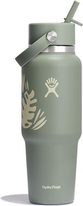 Hydro Flask Travel Water Bottle - Insulated Stainless Steel - Wide Straw Lid, Non Spill, Leakproof in 32 Oz Botanical Bliss Green