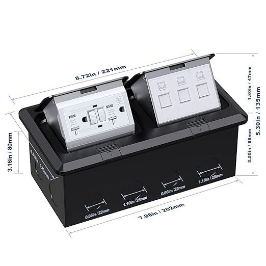 KYHSHJ Dual Pop-Up Floor Electrical Outlet Box Kit，20 Amp Stainless Steel GFCI TR Receptacle Outlet，3-Port RJ45 Datacom Receptacle， Black